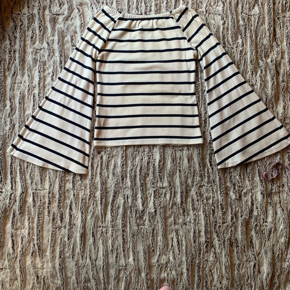 Size Small Anthropologie (Deletta) Bell Sleeved, Navy & White Stripped Shirt - Picture 4 of 8